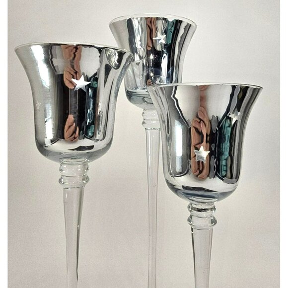 Silver Mercury Glass Candle Holders Stars Motif Varying Heights Set of 3 JJ3805 - Picture 2 of 11